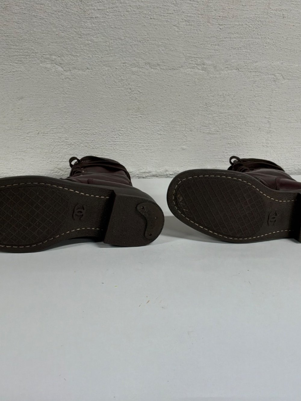 Vintage 90's CHANEL CC Logo COMBAT Biker Moto Brown Lace Up Leather Boots  37.5 - Picture 4 of 16